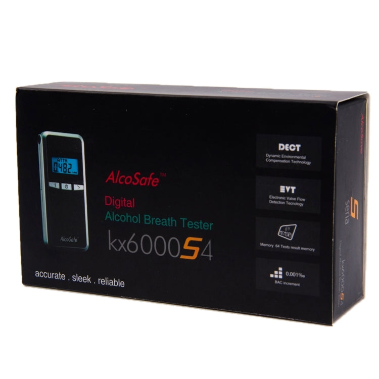 AlcoSave digital alcohol breath tester retail box with product description.