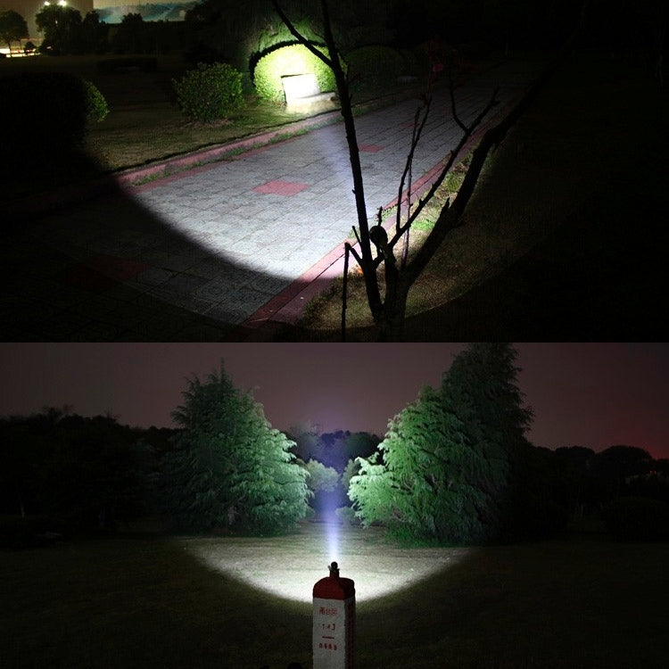 Zoom LED flashlight projecting a wide beam on a nighttime path