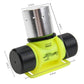 Neon yellow LED headlamp with black textured grip and silver reflector housing with dimensions