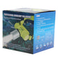 Retail product box for a professional diving headlamp with neon yellow headlamp shown