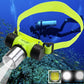 Neon yellow and black LED diving headlamp with adjustable strap and silver lens