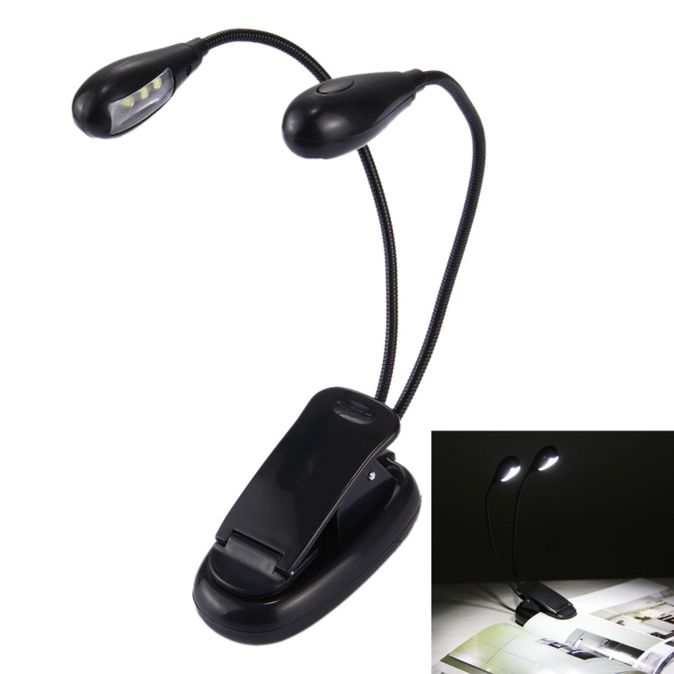 Dual-arm clip-on LED reading light with two curved neck lamps and base clip