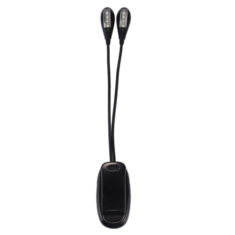 Dual-arm clip-on LED lamp with two small light heads and long flexible goosenecks