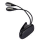 Dual-arm clip-on LED reading light with two illuminated heads and round mounting base