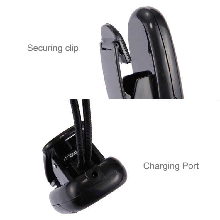 Dual-arm clip-on LED reading light showing side charging port on the base