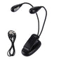 Dual-arm clip-on LED reading light with two gooseneck lamps and included charging cable