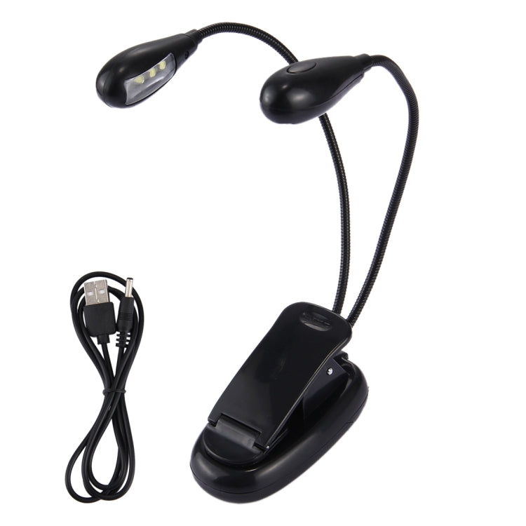 Dual-arm clip-on LED reading light with two gooseneck lamps and included charging cable