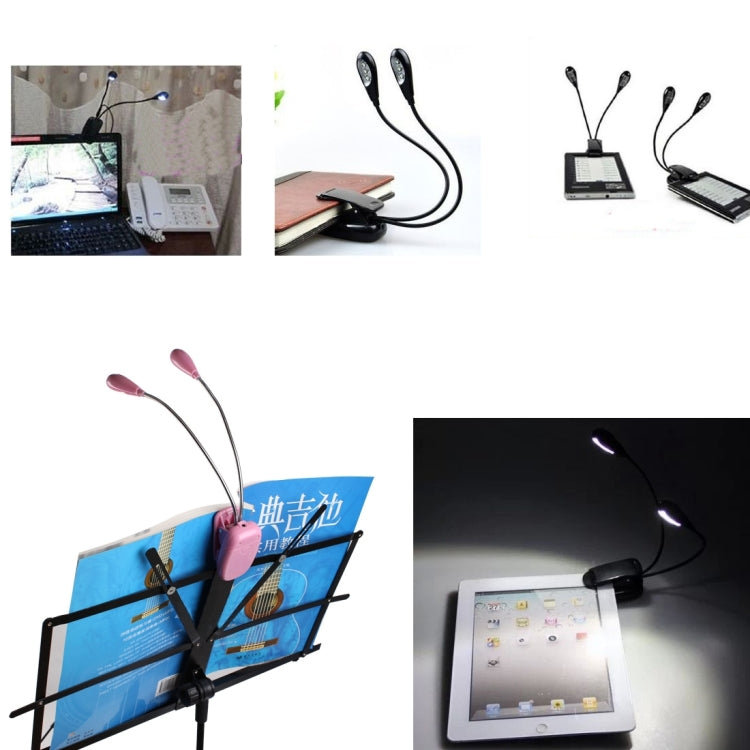 Dual-arm clip-on LED light in use, illuminating books, tablets, and screens