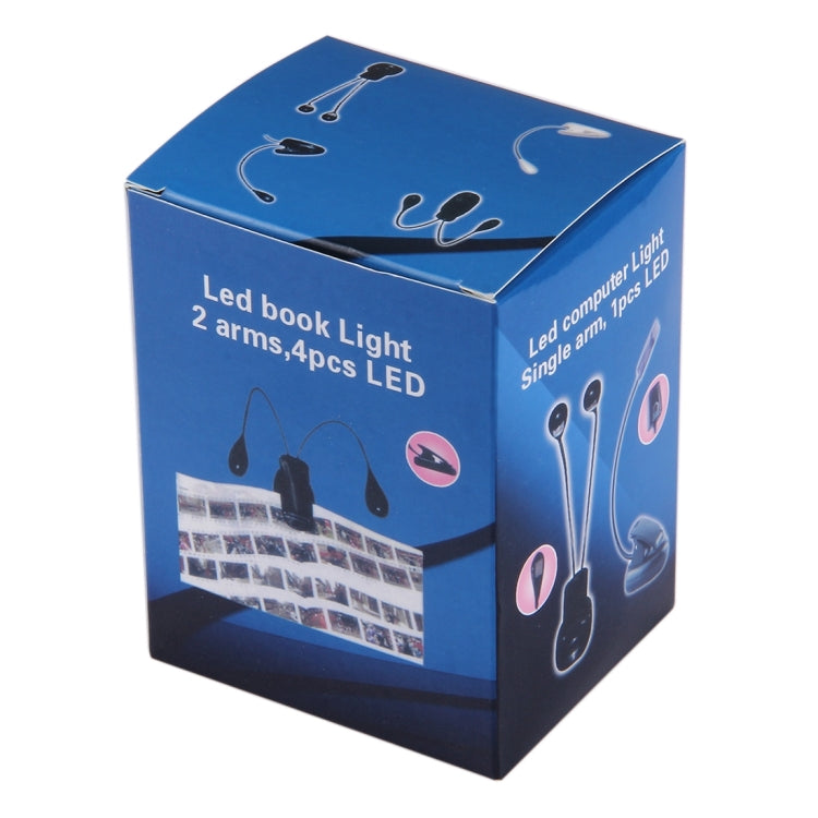 Blue retail box for dual-arm clip-on LED book light with 4 LED bulbs