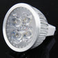 LED spotlight bulb close-up with round silver reflector and clear lens