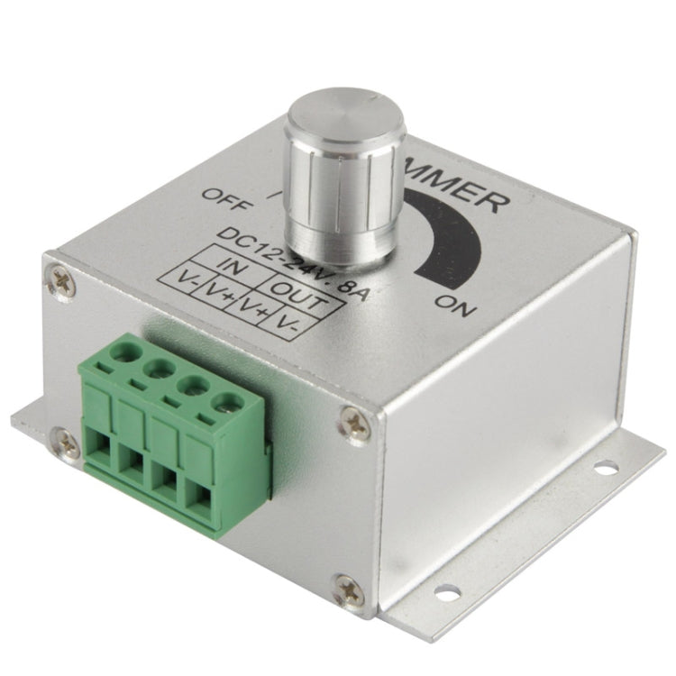 DC LED single-color dimmer controller with green terminal block and silver knob