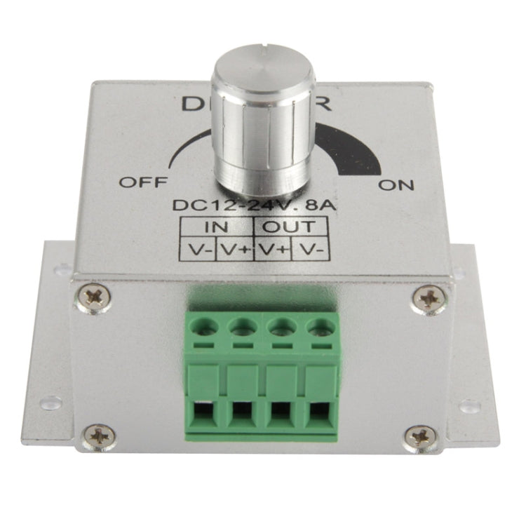 DC LED dimmer controller front with green terminal block and OFF/ON dial