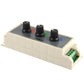 RGB dimmer controller top view with three knobs and side green terminal block
