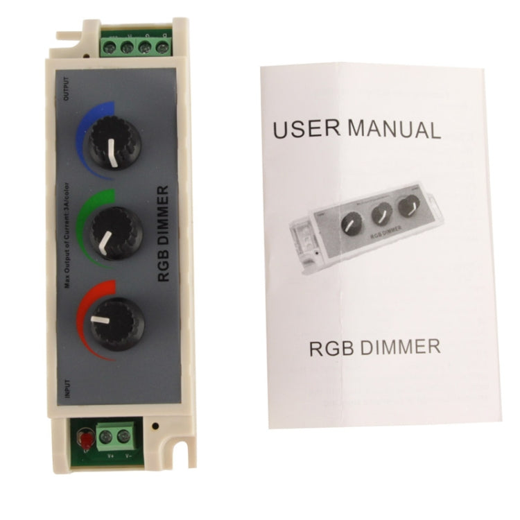 RGB dimmer controller with terminal connections and included USER MANUAL booklet