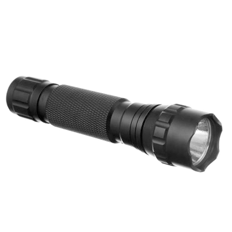 Black UV flashlight with side switch and textured handle, angled view