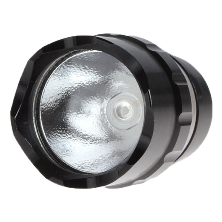 Black UV flashlight head close-up showing circular lens