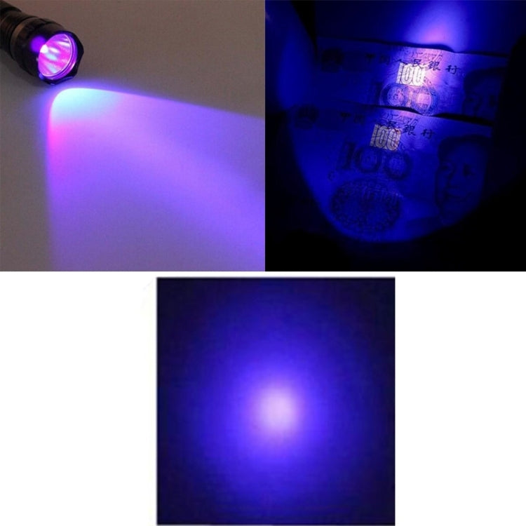 Black UV flashlight emitting purple UV beam, close range light spot