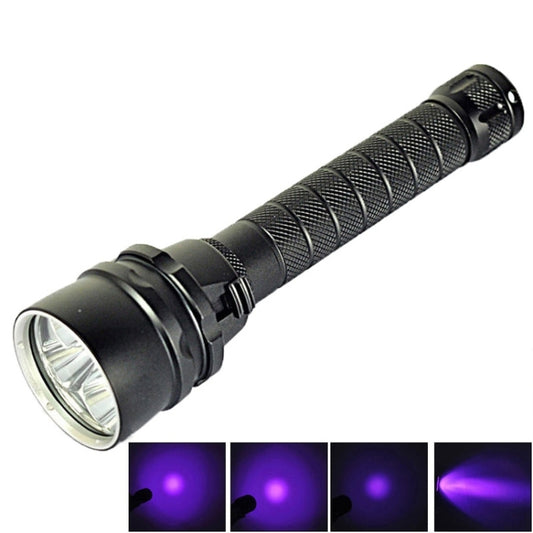 Black tactical UV flashlight with ribbed grip and illuminated head