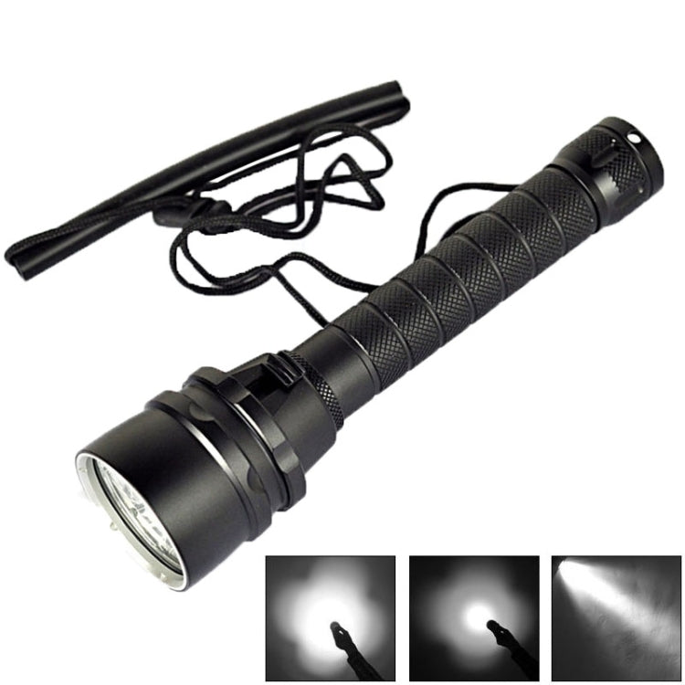 Black LED diving flashlight with wrist strap and lanyard cord accessory.