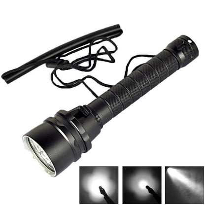 Black LED diving flashlight with wrist strap and lanyard cord accessory.
