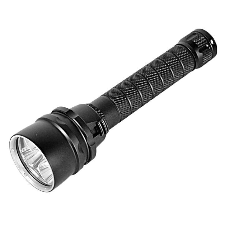 Black LED diving flashlight with textured grip and front beam head.