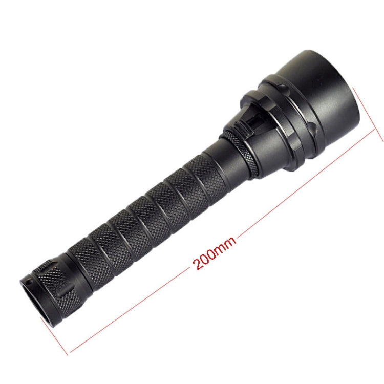 Black LED diving flashlight body with knurled handle and end cap.