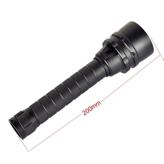 Black LED diving flashlight body with knurled handle and end cap.