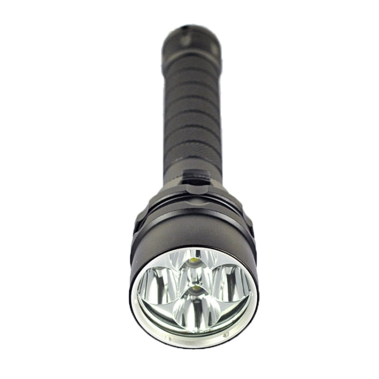 Front view of a black LED diving flashlight with reflective lens and head ring.