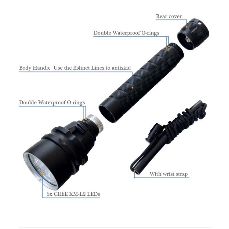 Black LED diving flashlight with O-ring seals and wrist strap attachment.