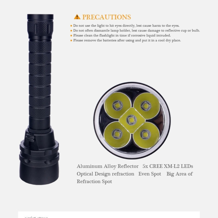 Aluminum-cased black LED diving flashlight with circular multi-LED lens face.