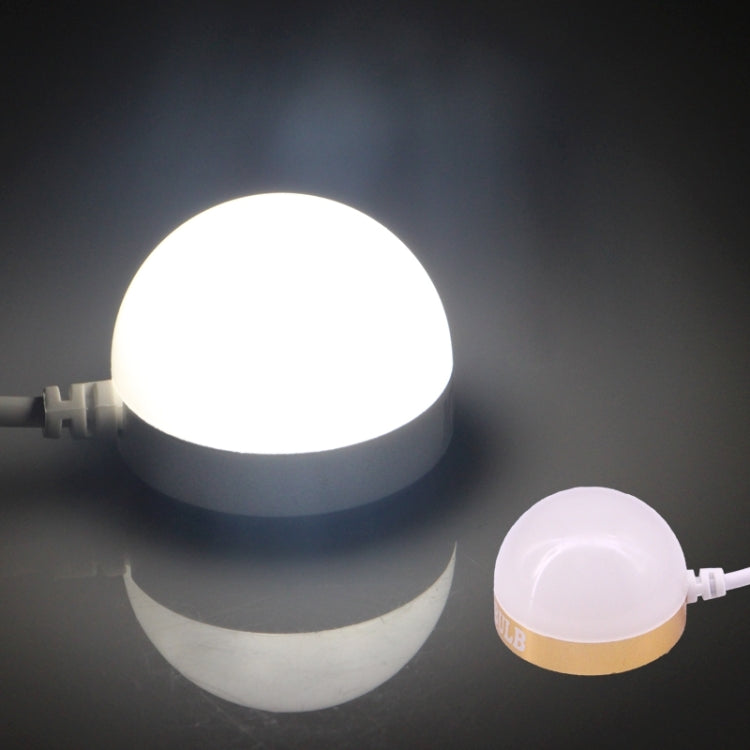 USB LED mini bulb light with frosted dome, glowing, and white power cord