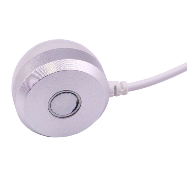 USB mini LED bulb lamp with metallic base and recessed center, on cable