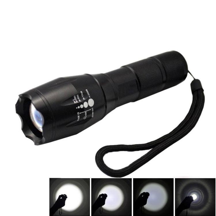 Black LED flashlight with lanyard strap, textured grip and front light head