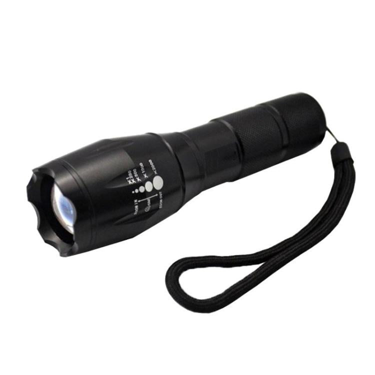 Black LED flashlight with lanyard strap and side mode indicator panel