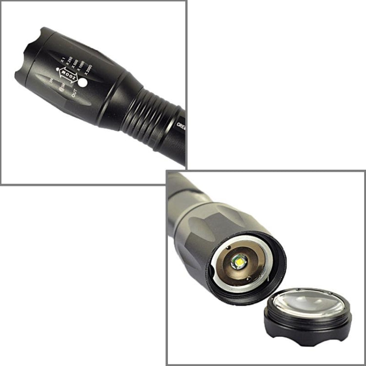 Black LED flashlight with front reflector lens and tail cap threads shown