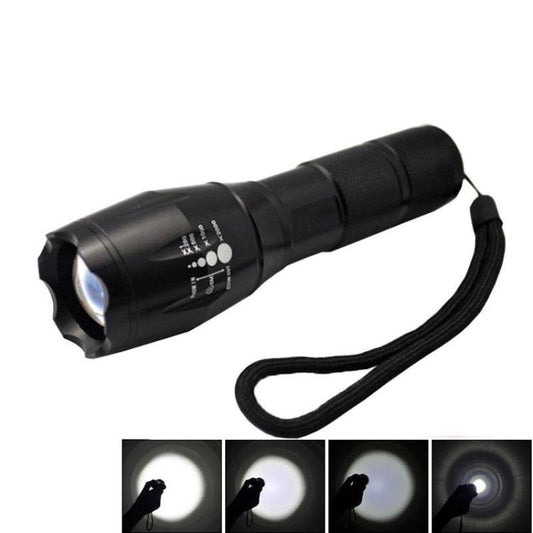 Black LED flashlight with lanyard strap, textured grip and front light head