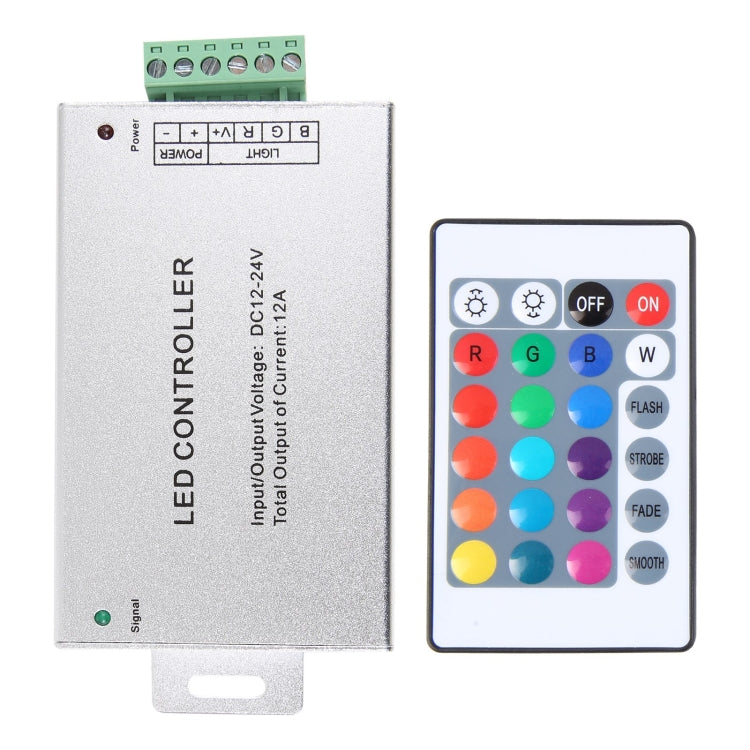 Silver LED strip controller with terminal board and printed control labels