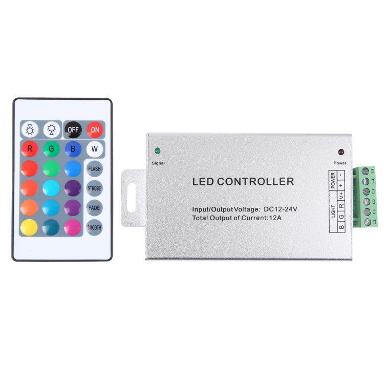 LED controller with slim RGB remote showing color buttons and ON/OFF switches