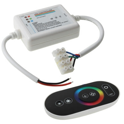 RGB touch LED controller with wireless remote, white module and black oval controller