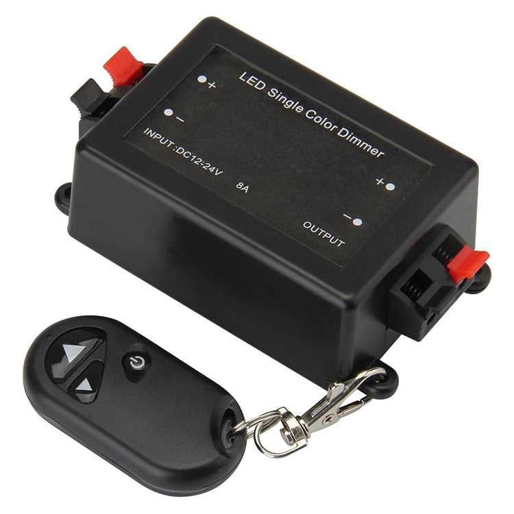 Black LED single-color RF dimmer controller with red terminals and key fob remote