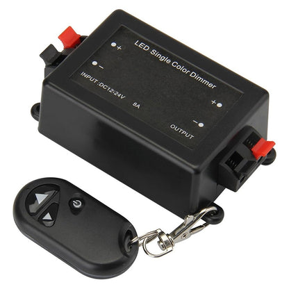Black LED single-color RF dimmer controller with red terminals and key fob remote