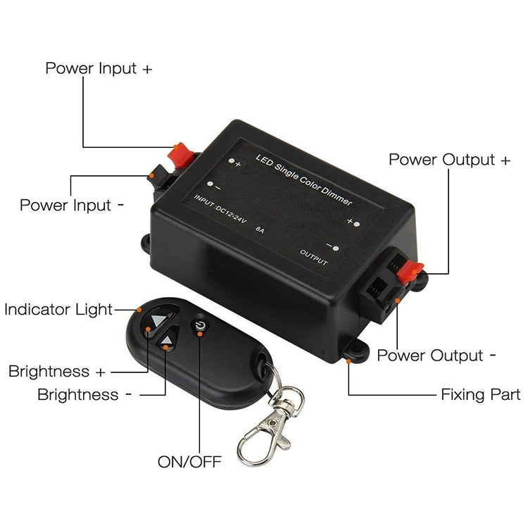 LED single-color dimmer controller with power input/output labels and key fob