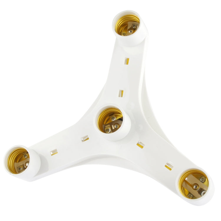 White 1-to-4 E27 bulb adapter showing three socket interiors and gold contacts