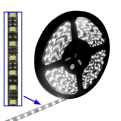 White LED strip roll and close-up LED module section shown on tape