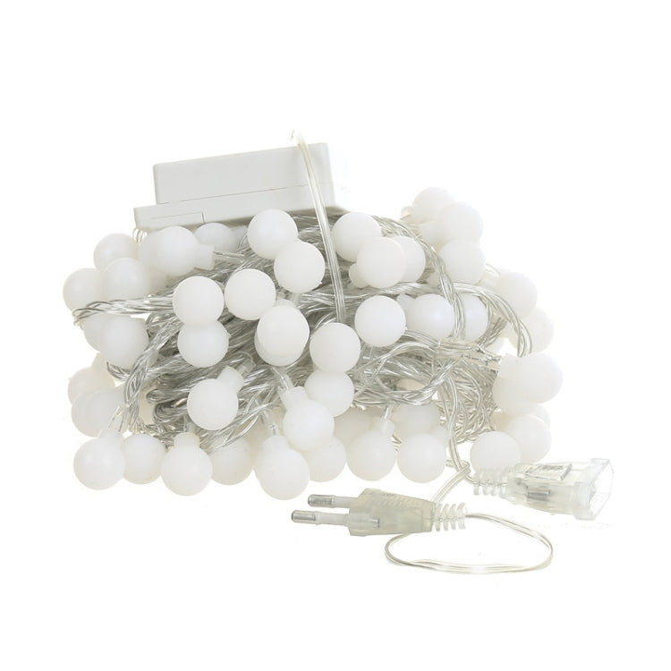 White LED globe rope light with tail plug, silver wire, and hanging loop