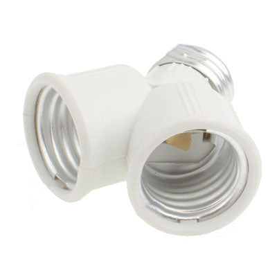 Angled view of white E27 to dual E27 conversion socket adapter with two screw bases