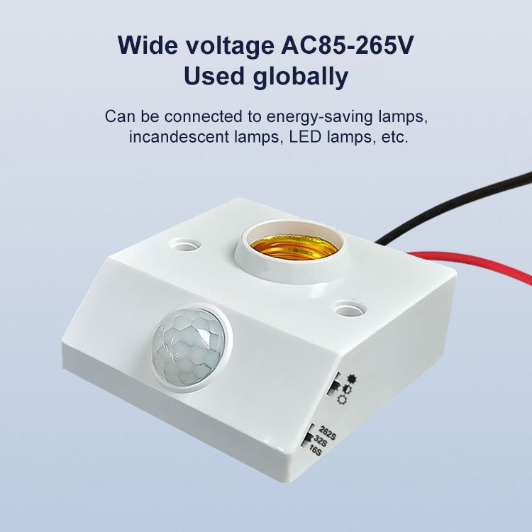 Adjustable motion sensor lamp holder with white base and red/black power wires