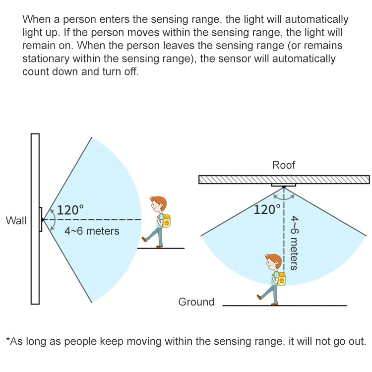 Motion sensor coverage diagram showing 4–6 m range and 120° detection angle
