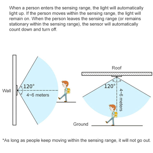 Motion sensor coverage diagram showing 4–6 m range and 120° detection angle