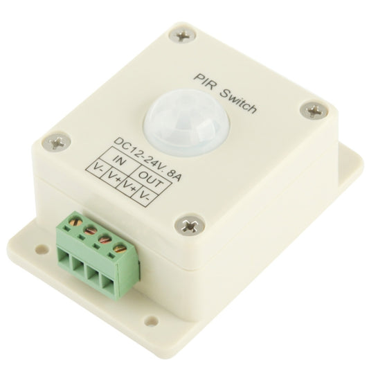 Off-white PIR motion sensor switch controller with terminal block and wiring label